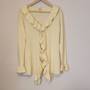 PINK PINEAPPLE Cashmere Ruffled Cream Cardigan, size S/M